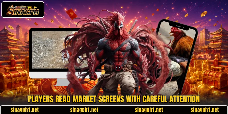 Players read market screens with careful attention